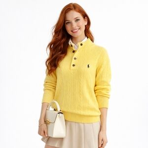 Polo Ralph Lauren Yellow Cotton Cable-Knit Polo Sweater NWT Women's Lrg